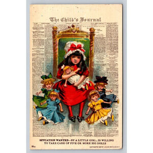 1907 Antique Julius Bien Postcard Want Girl Newspaper Ad Care for More Big Dolls